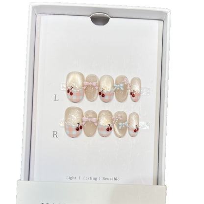 Decorative Press-On Nail Art Set with Charming Bow and Cherry Accents Acalora