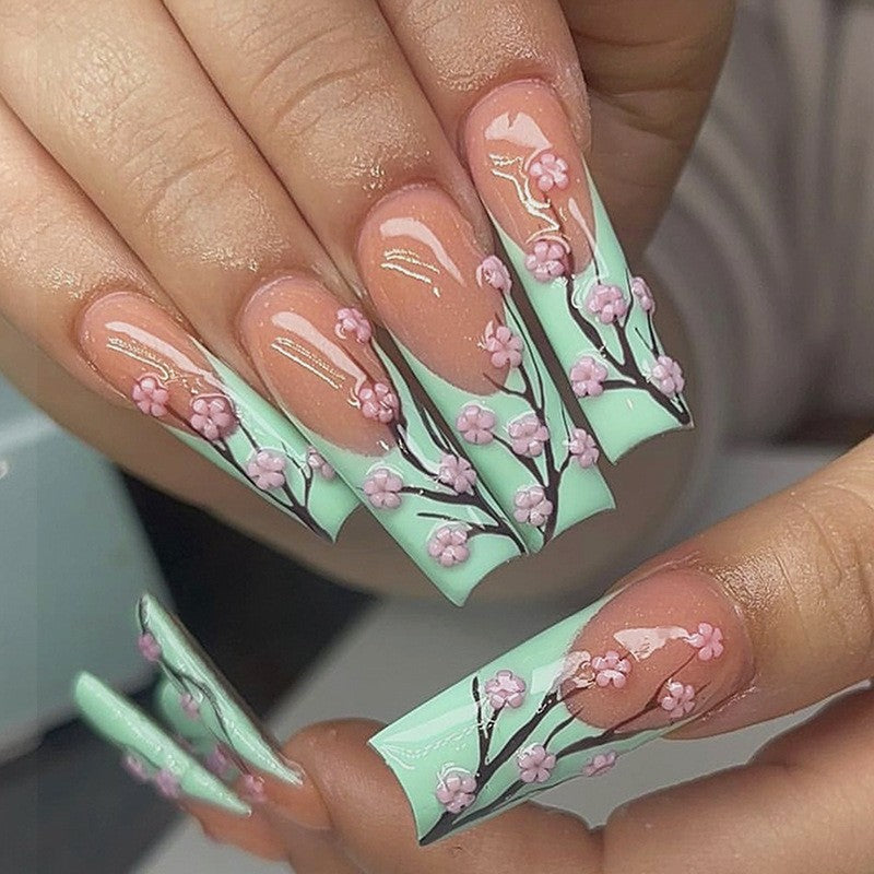 Decorative Floral Press-On Nail Art Set with 3D Flower Accents Acalora