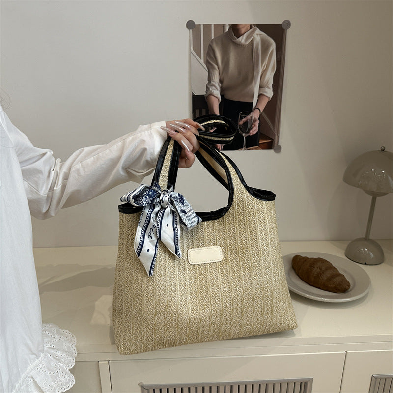 Textured Weave Tote Bag with Elegant Bow Acalora