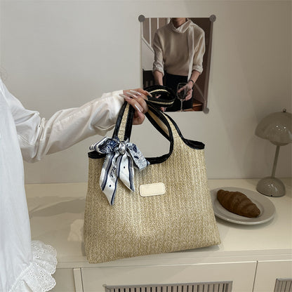 Textured Weave Tote Bag with Elegant Bow Acalora