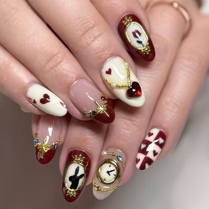 Artistic Press-On Nail Set with Creative Heart and Clock Designs Acalora