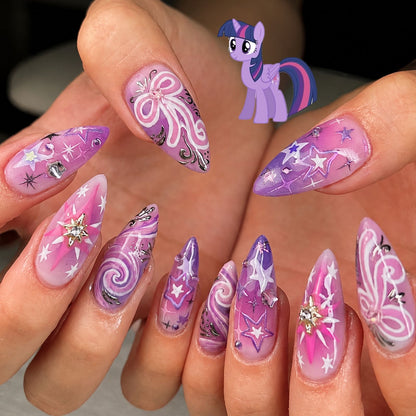 Artistic Press-On Nail Set with Star and Whimsical Patterns Acalora