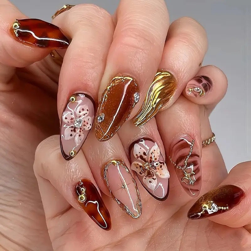 Decorative Stiletto Press-On Nail Art with Floral Accents Acalora