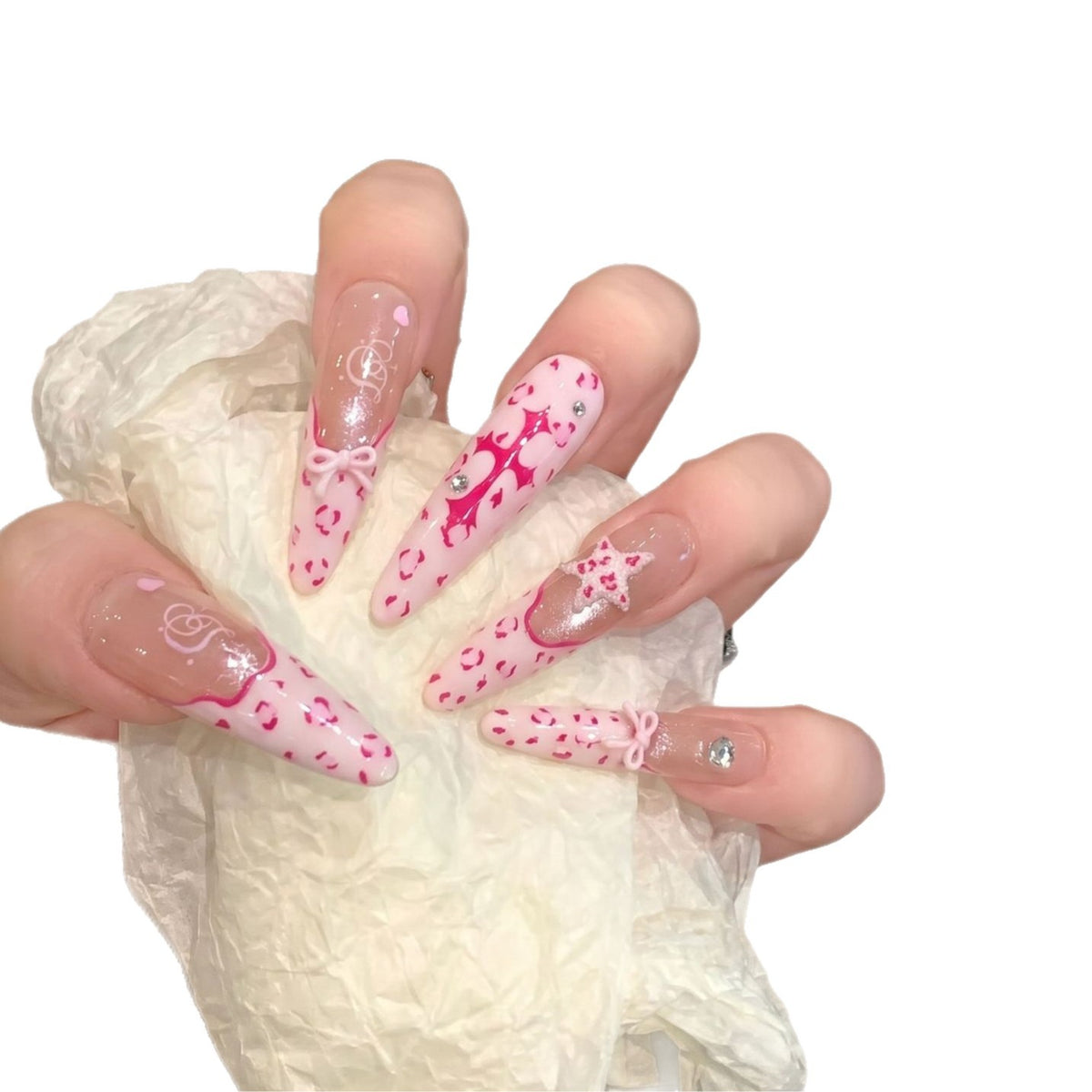 Artistic Stiletto Press-On Nail Set with Heart and Bow Design Acalora