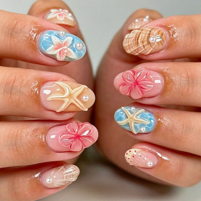 Coastal-Themed Press-On Nail Art Set Acalora