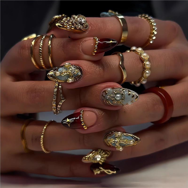 Artistic Decorative Press-On Nail Set with Gemstone and Pearl Accents Acalora