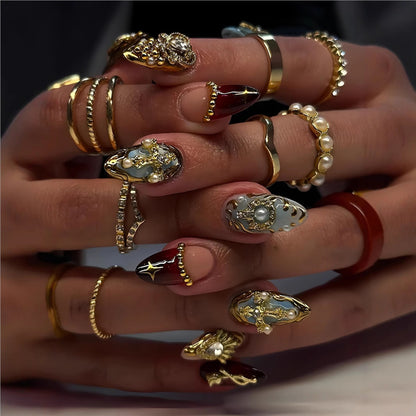 Artistic Decorative Press-On Nail Set with Gemstone and Pearl Accents Acalora
