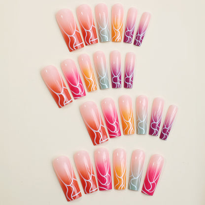 Artistic Press-On Nail Set with Gradient Swirl Designs Acalora