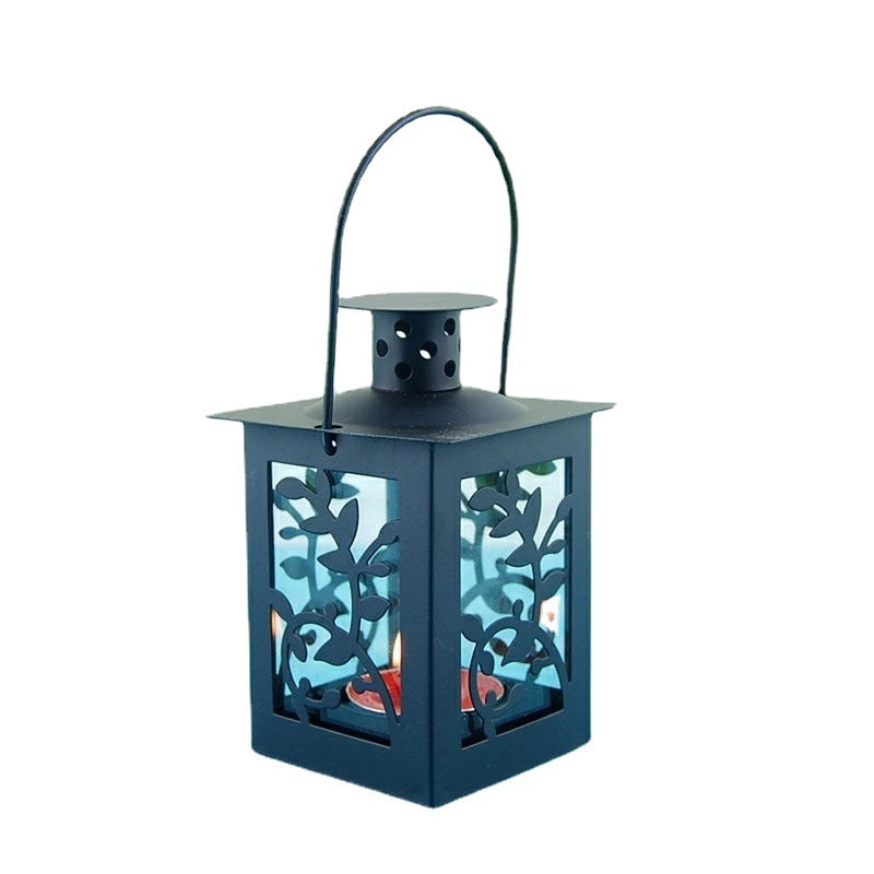 Decorative Metal Tealight Lantern Set with Filigree Leaf Cutouts and Carry Handle Acalora