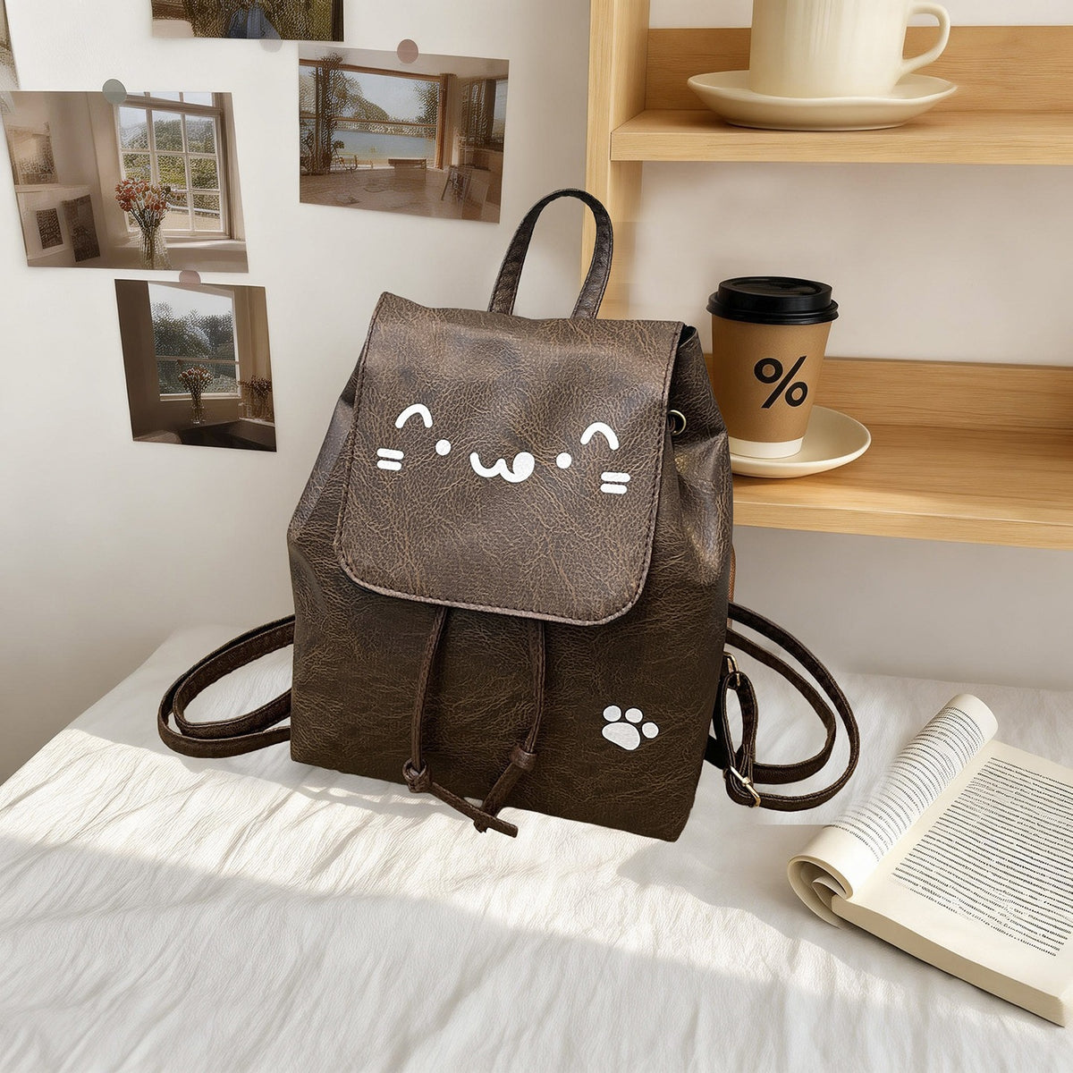 Cute Cat-Themed Faux Leather Backpack Acalora
