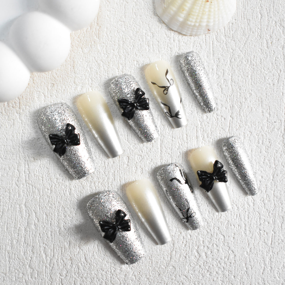 Glittery Bow-Accent Press-On Nail Set Acalora