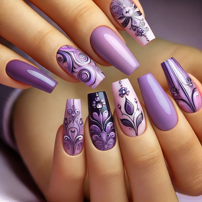 Artificial nails with intricate purple pattern Acalora