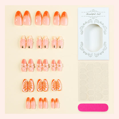 Decorative Press-On Nail Set with Floral and Citrus Accents Acalora