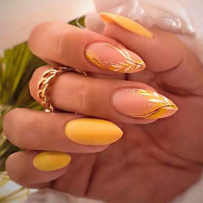 Premium Artistic Press-On Nail Set with Floral and Metallic Accents Acalora