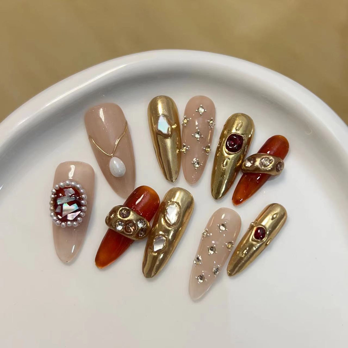 Artistic Press-On Nail Set with Luxury Gemstone Accents Acalora