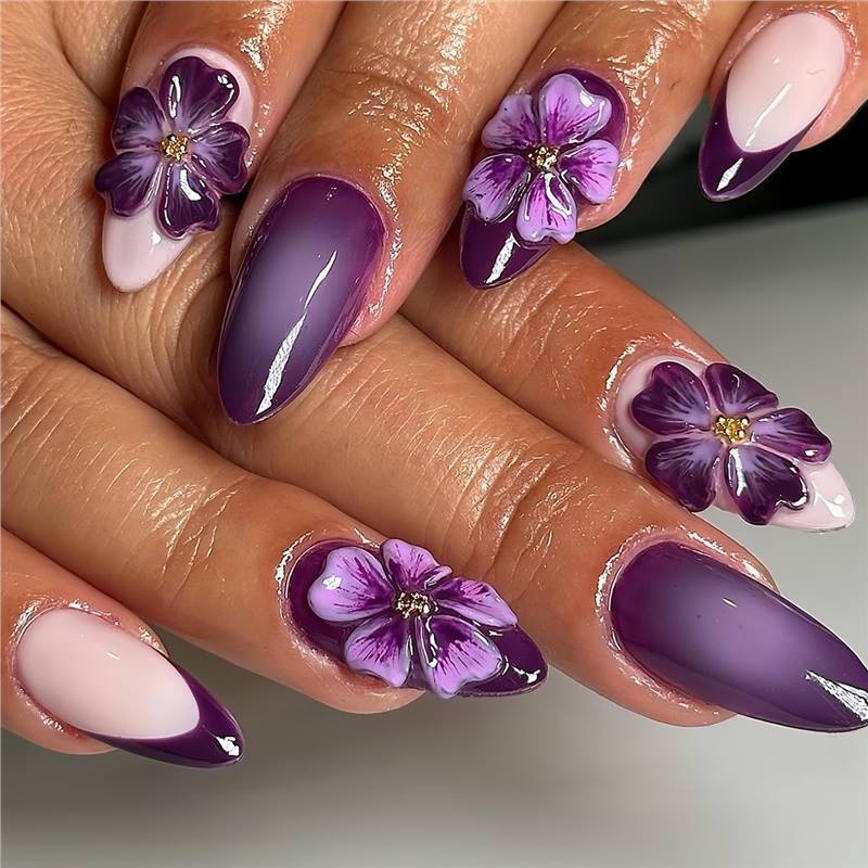 Artistic Floral Press-On Nails with 3D Accents Acalora