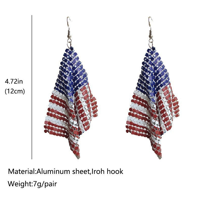 Women's long flexible rhinestone mesh earrings in American flag design with fishhook Kalsten
