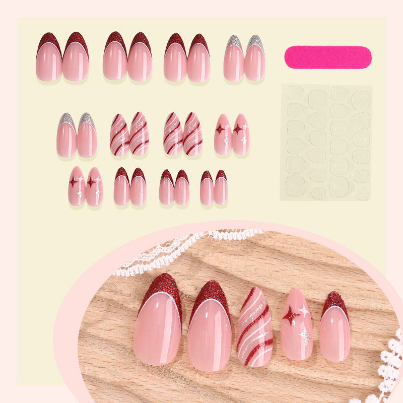 Decorative Press-On Nail Set with Glitter and Striped Design Acalora