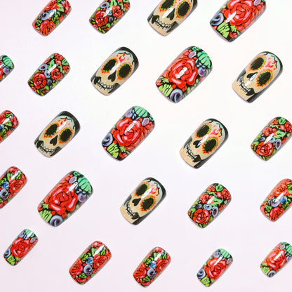 Artistic Skull and Rose Design Nail Art Acalora