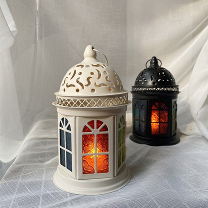 Ornate Metal Stained-Glass Tea Light Lantern Acalora