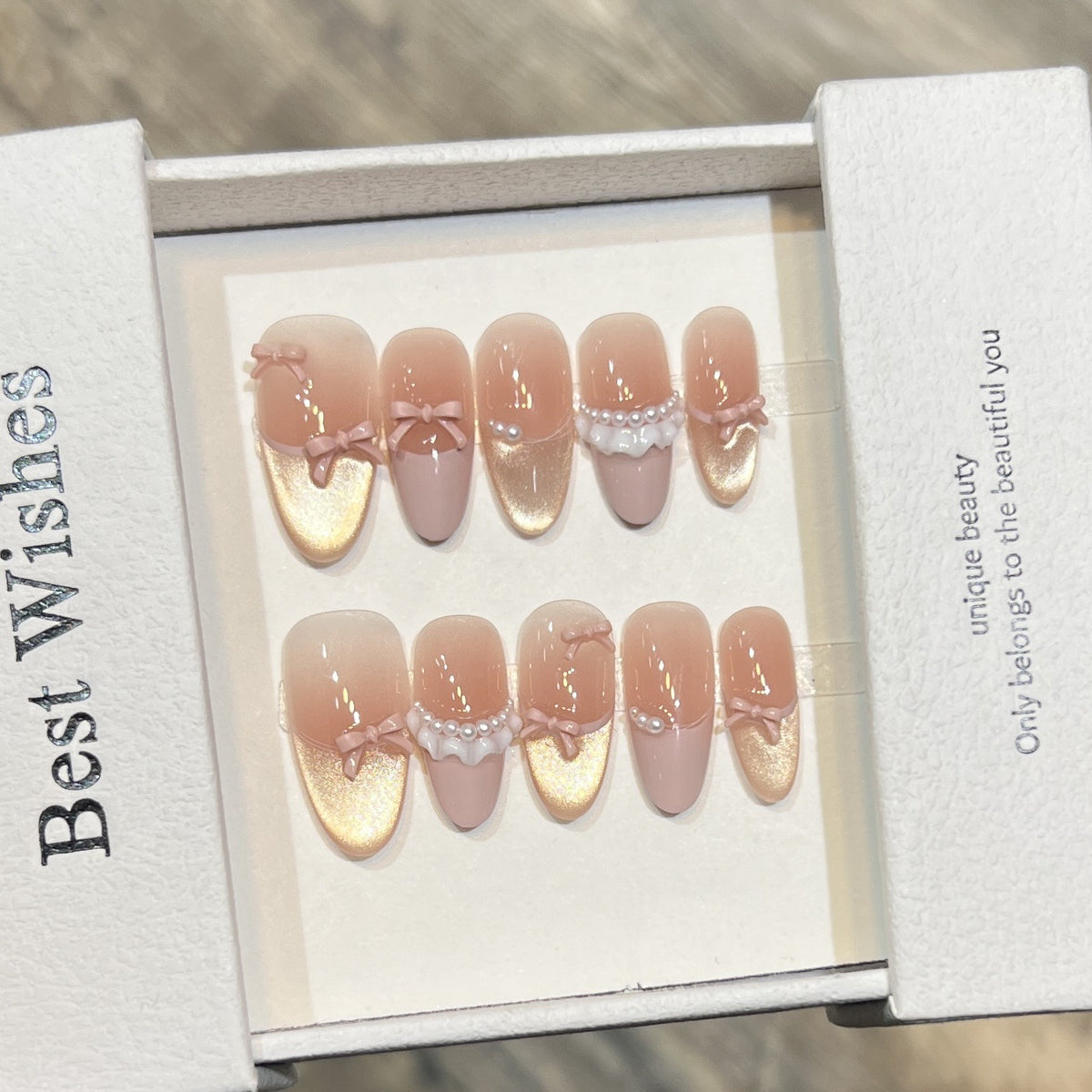 Elegant Press-On Nail Art Set with Pearl and Bow Accents Acalora