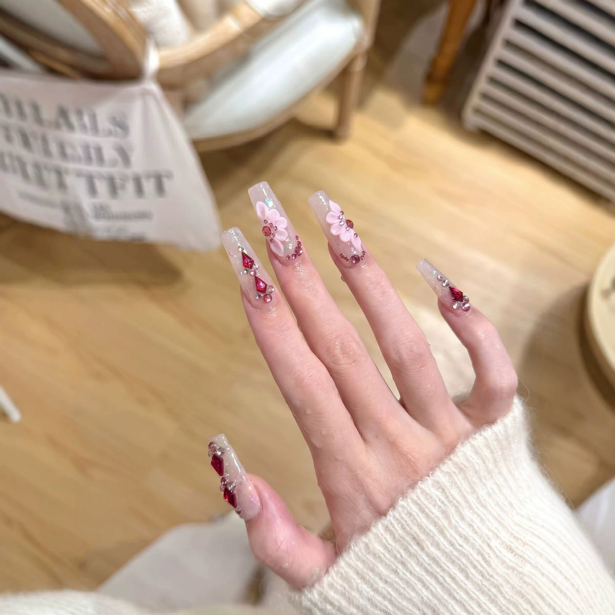 Floral-Themed Press-On Nail Set with Gemstone Accents Acalora
