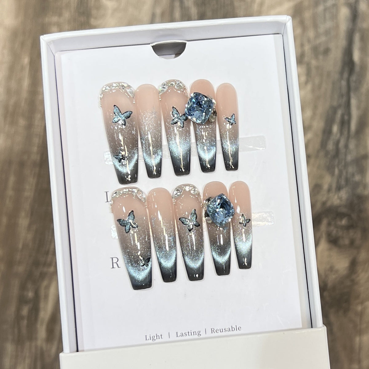 Artistic Ombre Press-On Nail Art Set with Butterfly and Gemstone Accents Acalora