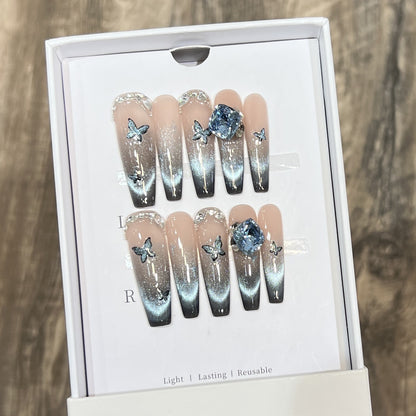Artistic Ombre Press-On Nail Art Set with Butterfly and Gemstone Accents Acalora