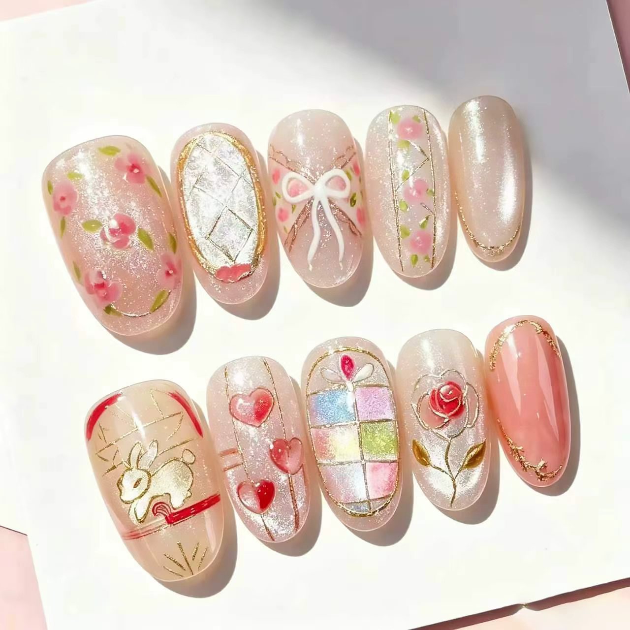 Decorative Press-On Nail Art Set with Artistic Designs Acalora
