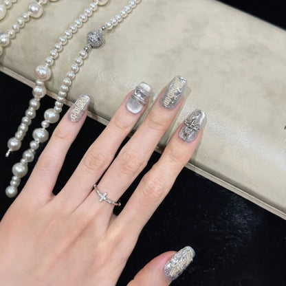 Metallic Press-On Nail Set with Decorative Silver Accents Acalora