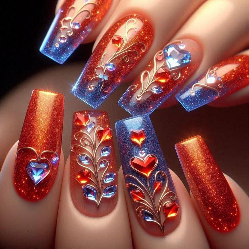 Artificial nails with romantic heart design and fine accents Acalora
