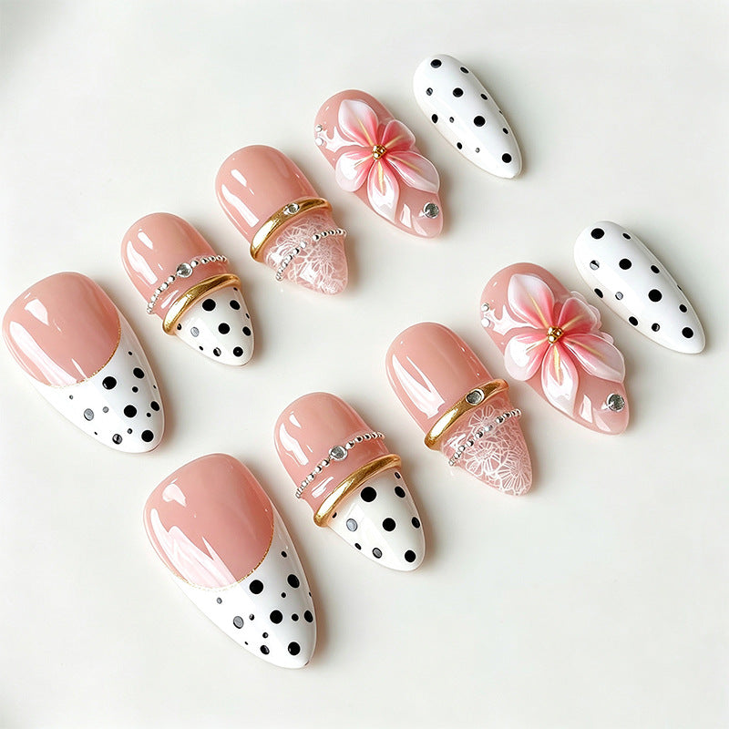Artificial nail set with elegant flower and dot patterns Acalora