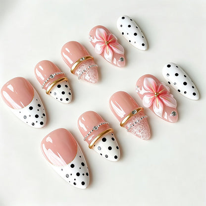Artificial nail set with elegant flower and dot patterns Acalora