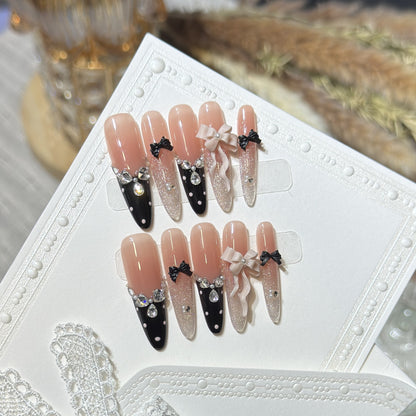 Glamorous Stiletto Press-On Nail Set with Decorative Bow and Gemstone Accents Acalora
