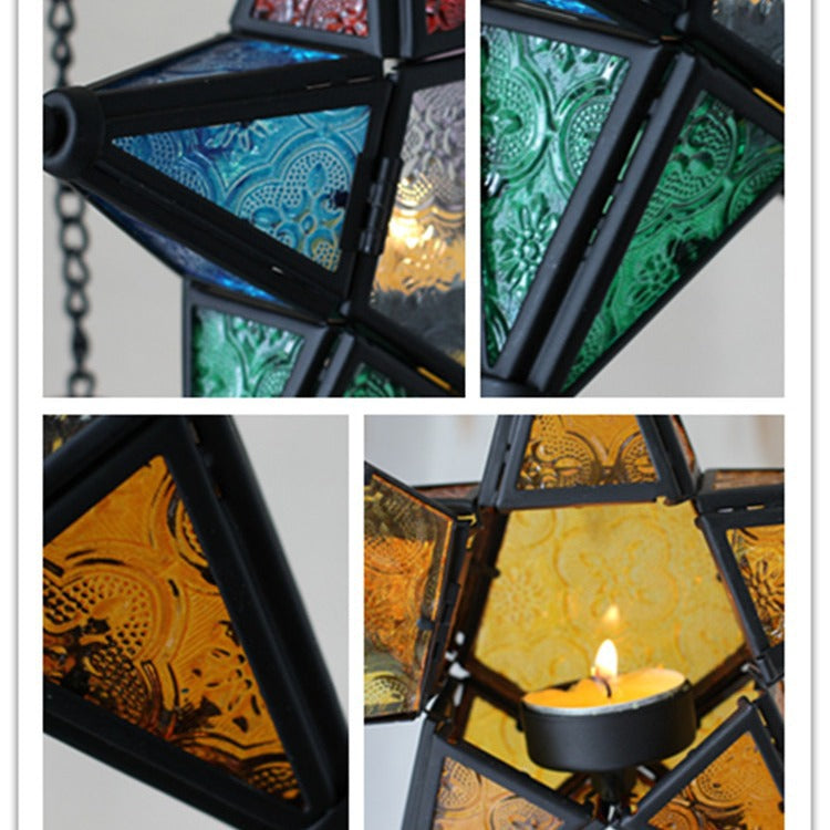 Moroccan-Inspired Stained Glass Star Hanging Lanterns with Embossed Panels Acalora