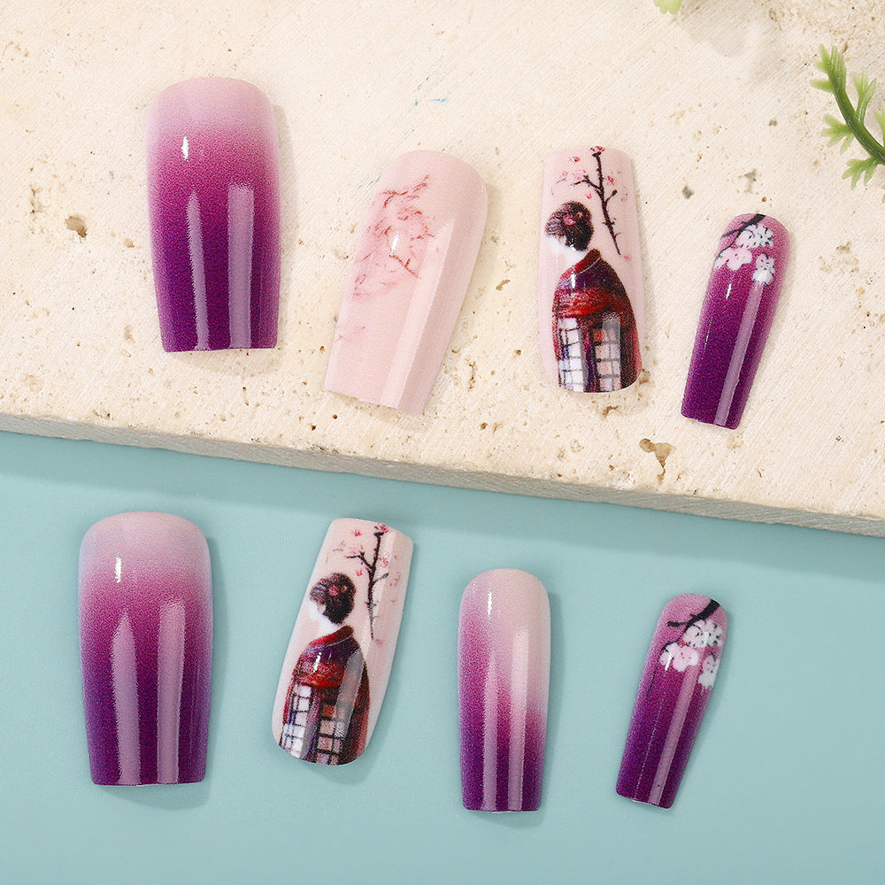 Elegant Artificial Nails Set with Ombre Design and Artistic Accents Acalora