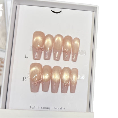 Reusable Press-On Nail Set with Elegant Bow Accents Acalora