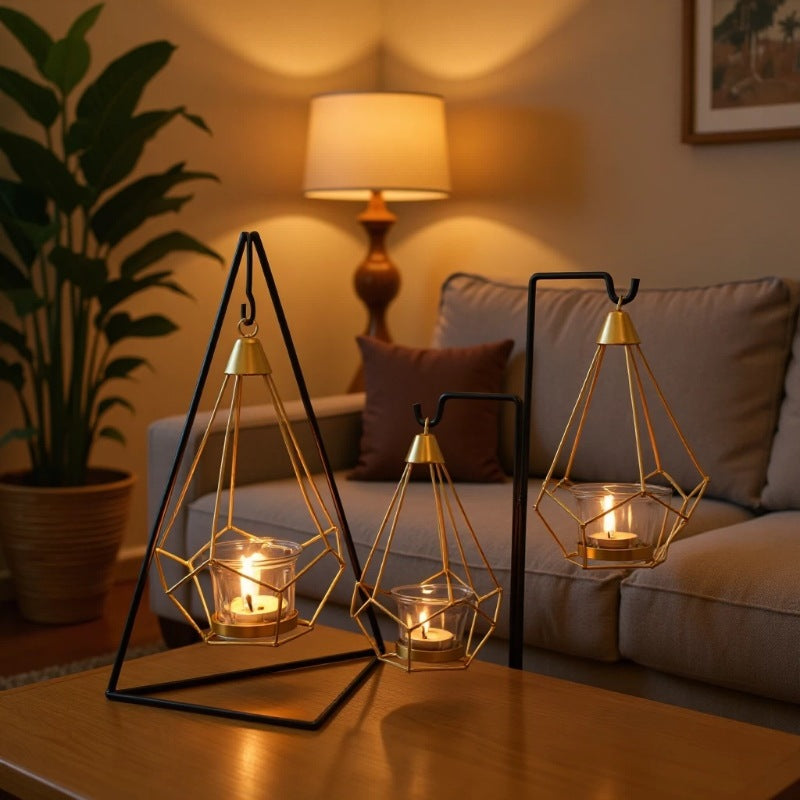 Decorative Geometric Hanging Tealight Candle Holder Set with Metal Stands and Glass Votives Acalora