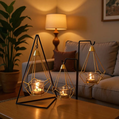 Decorative Geometric Hanging Tealight Candle Holder Set with Metal Stands and Glass Votives Acalora