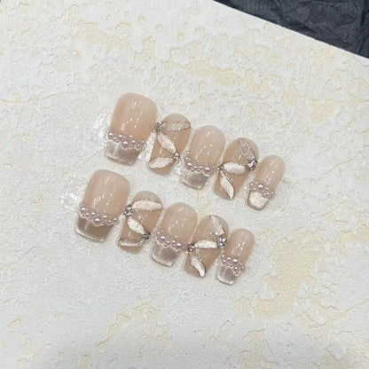 Luxurious Decorative Press-On Nail Set with Pearl and Gemstone Accents Acalora