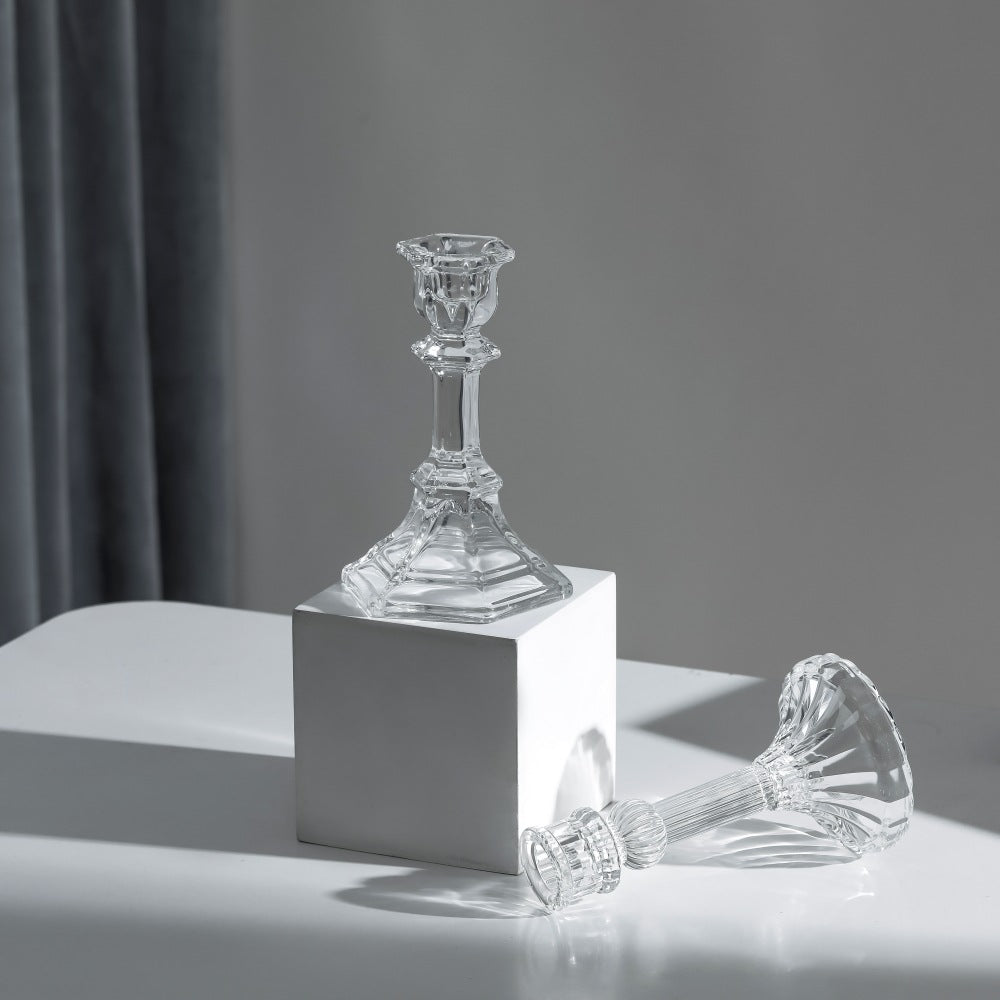 Pressed Crystal-Style Ribbed Glass Taper Candle Holder Acalora