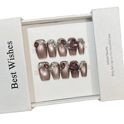 Decorative Press-On Nail Design with Gemstone Accents Acalora
