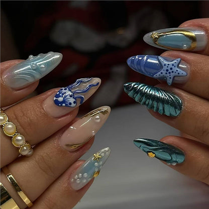 Artistic Beach-Inspired Press-On Nail Art Acalora