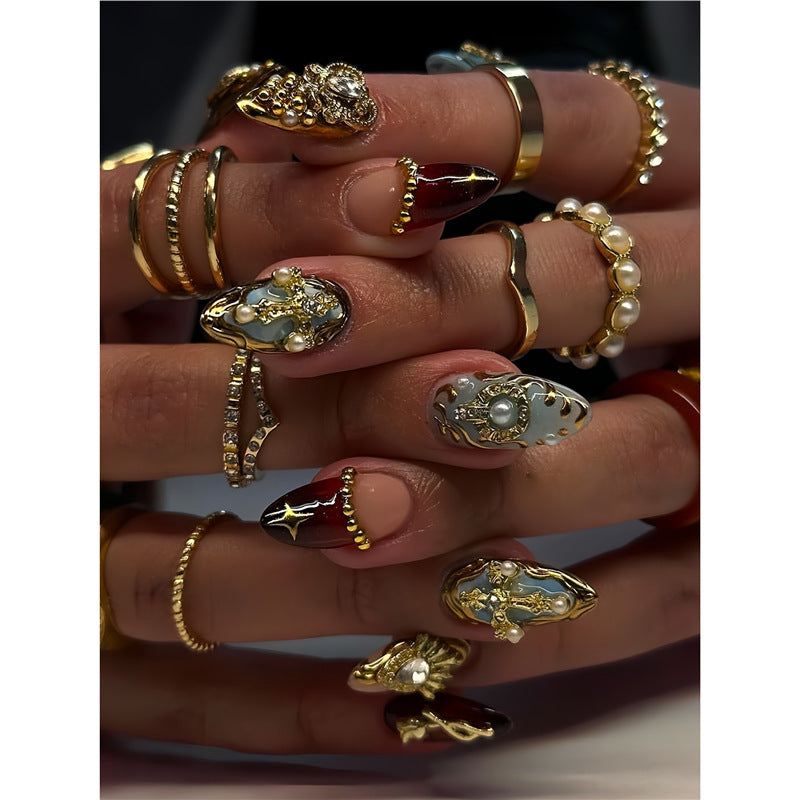 Artistic Decorative Press-On Nail Set with Gemstone and Pearl Accents Acalora