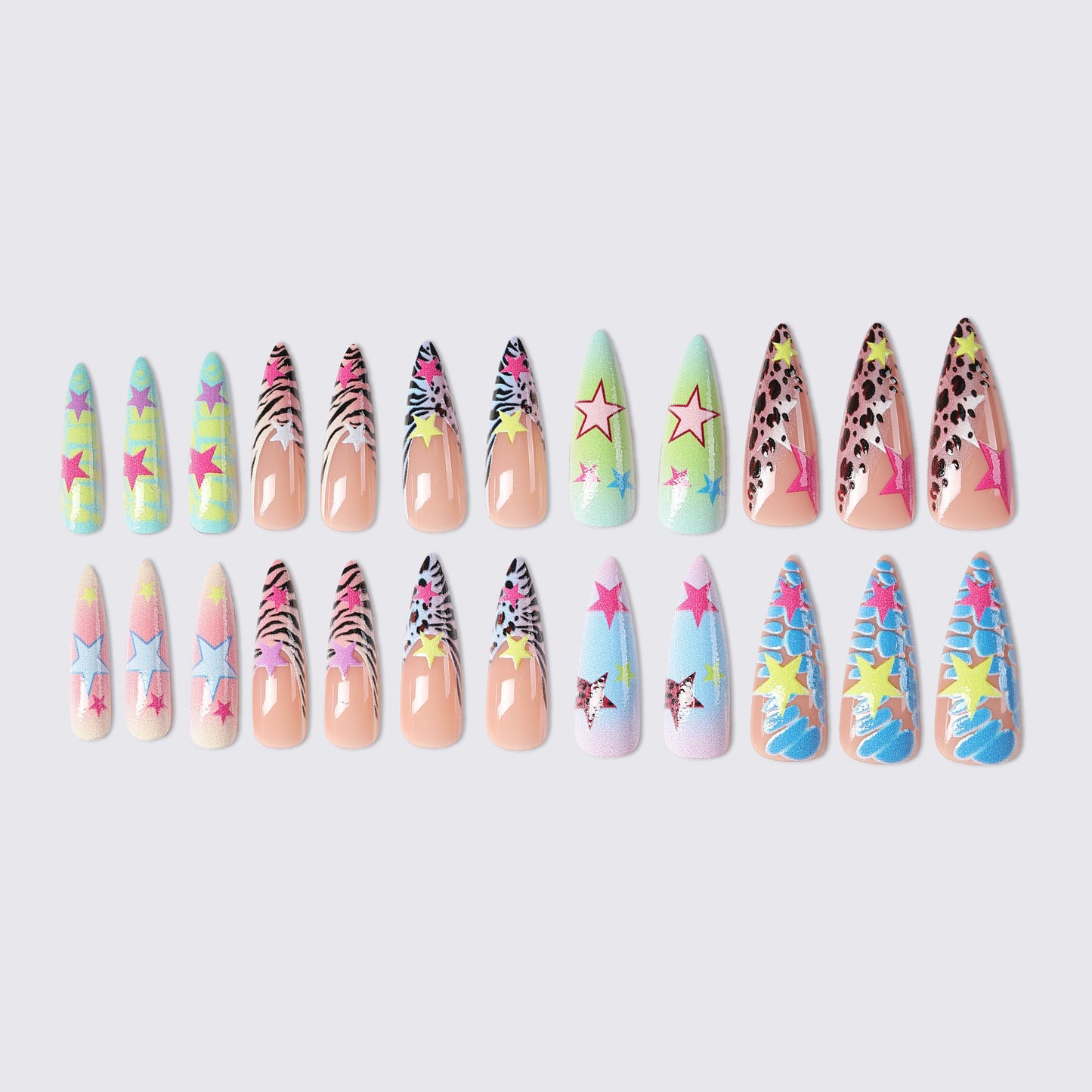 Artistic Press-On Nail Set with Colorful Star Patterns Acalora
