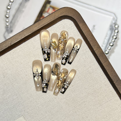 Elegant Decorative Press-On Nail Art Set with Rhinestone and Floral Accents Acalora