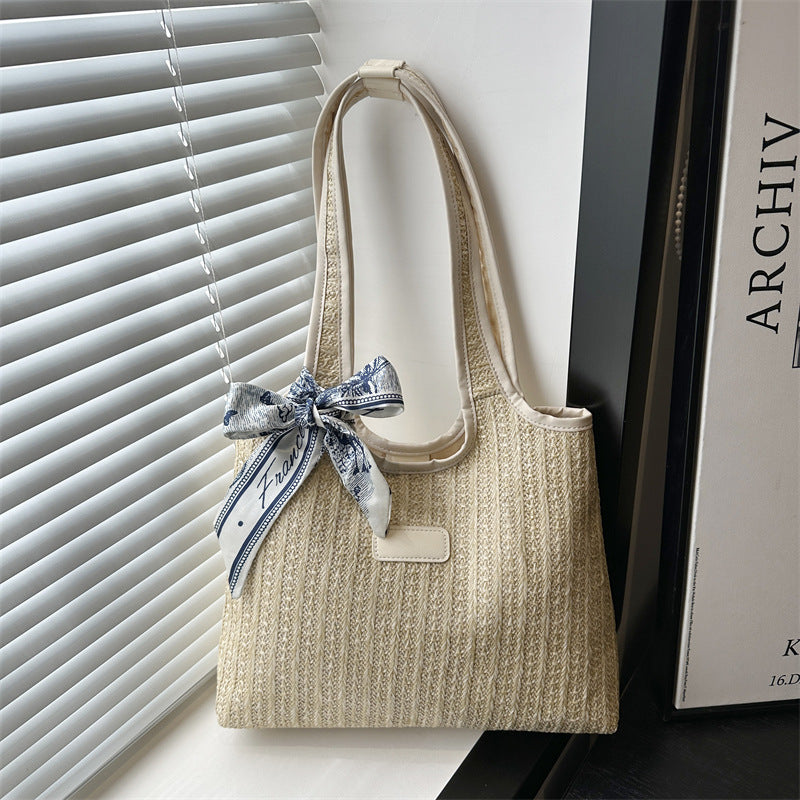 Textured Weave Tote Bag with Elegant Bow Acalora