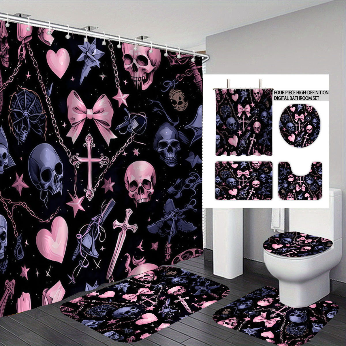 Artistic Skull and Floral Themed Bathroom Set