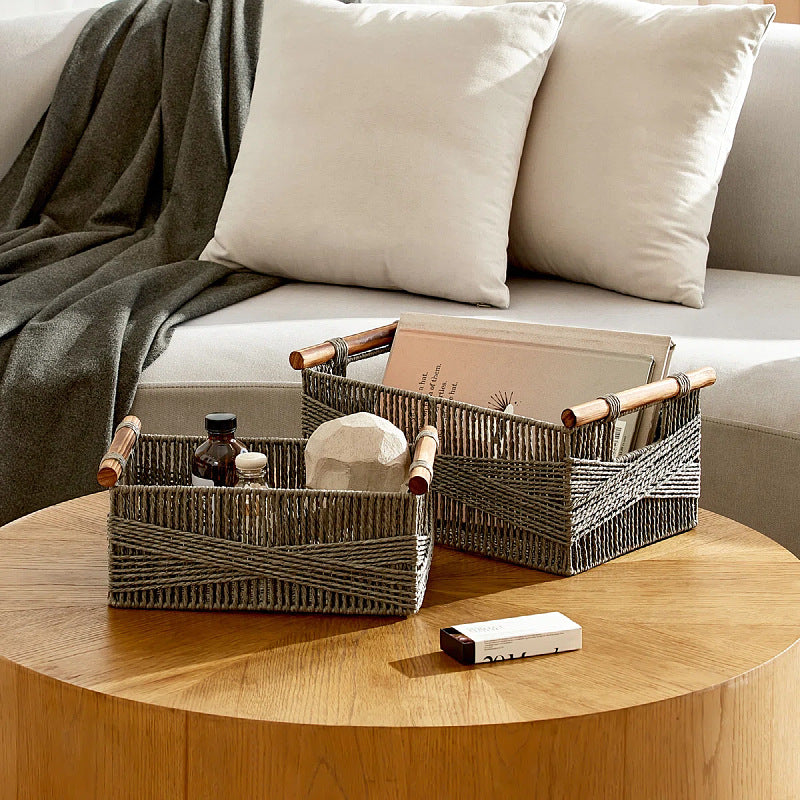 Handwoven Storage Basket with Wooden Handles Acalora