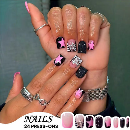 Artistic Press-On Nail Set with Star and Gem Accents Acalora